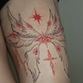 a black and red fineline tattoo of a biblically accurate angel
